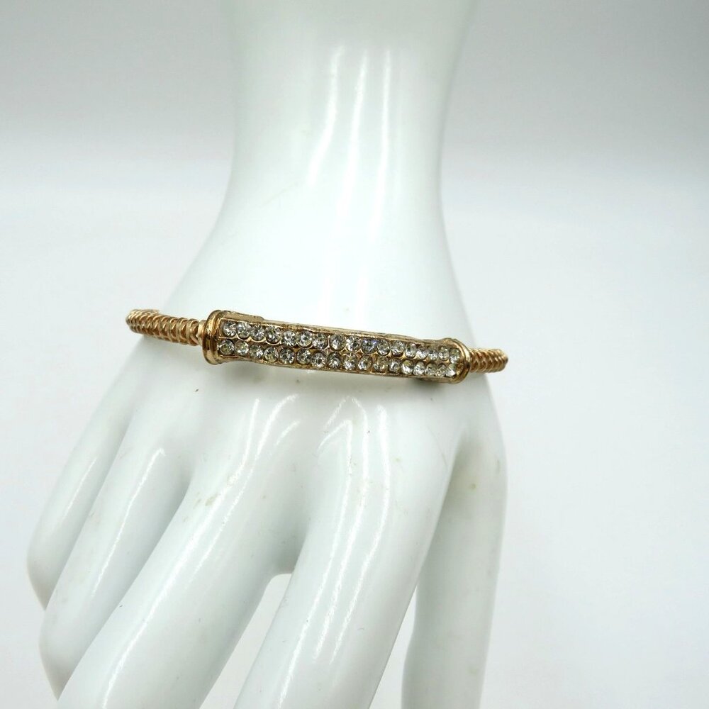 Gold Tone Rhinestone Bar Coil Bangle Bracelet Womens Crystal Pave Sparkle Hinged